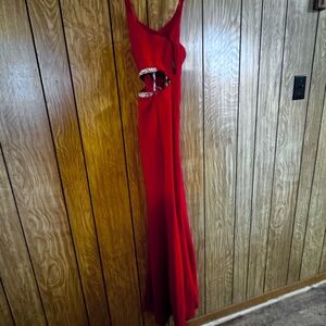 Red fitted prom dress with a thigh high slit Size 5